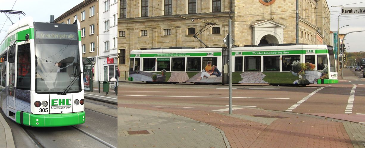 Tram - Vollfolierung mit Corporate Design für EHL in Dessau
